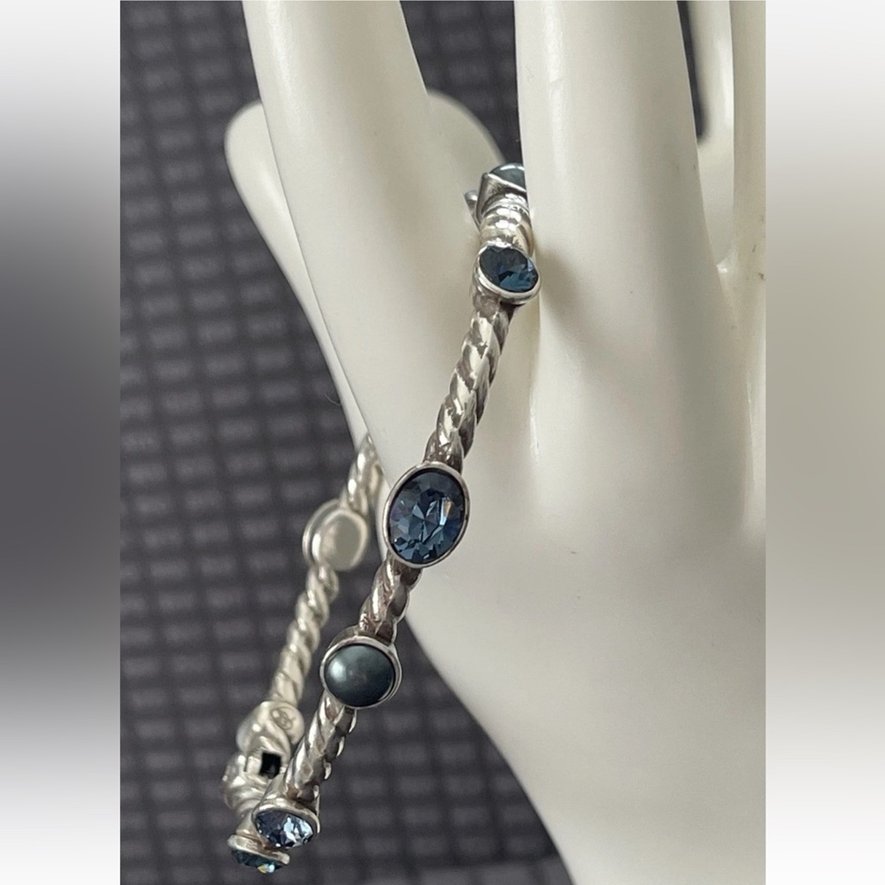 Brighton MONTE CARLO Silver Rope Hinged Blue Crystal Faux Pearl Bangle Bracelet - Picture 8 of 12